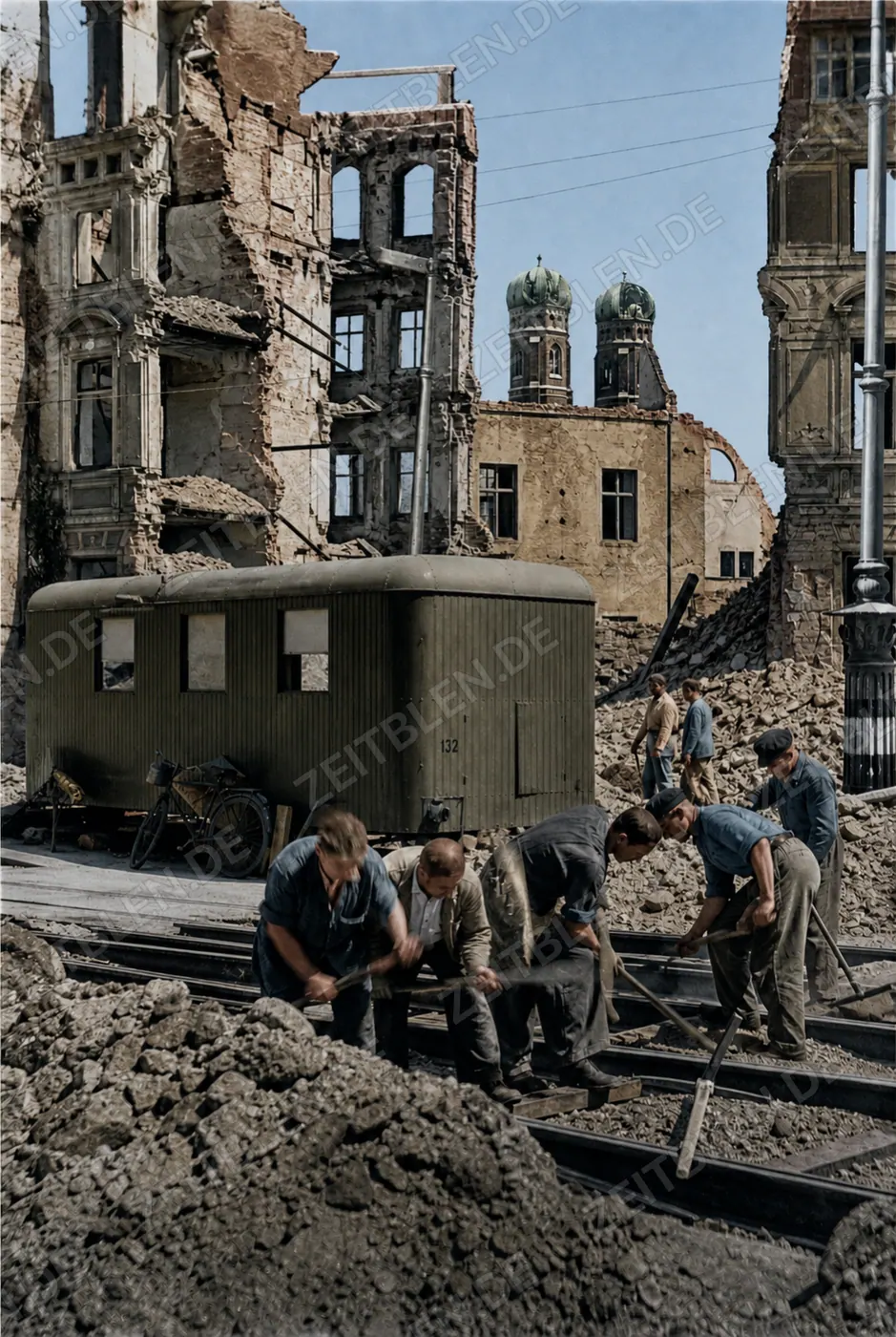 Trümmerarbeit vor der Frauenkirche in München