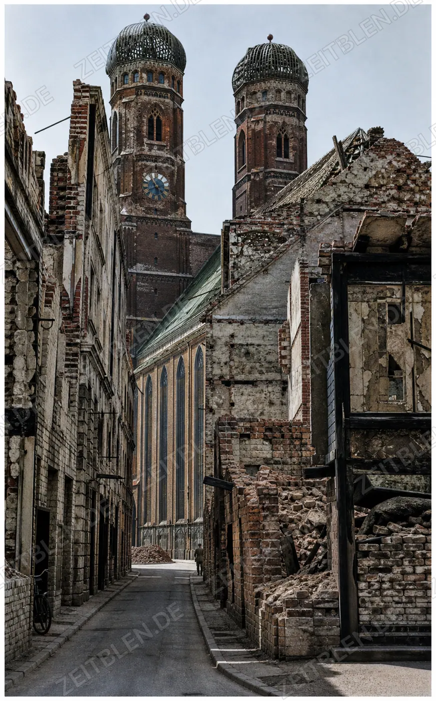 Blick auf die beschädigte Frauenkirche in München