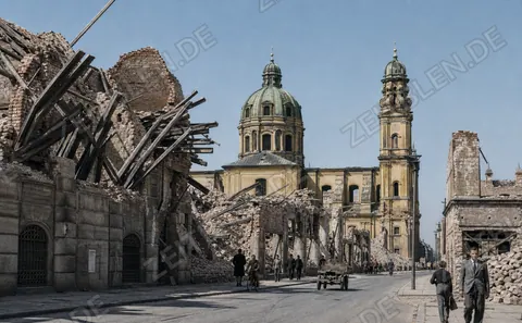 Theatinerstraße mit kriegsbeschädigter Theatinerkirche