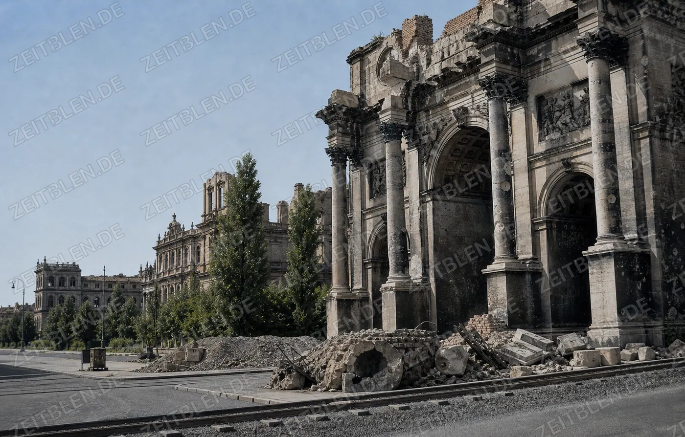 Zerstörtes Siegestor und Kunstakademie in München