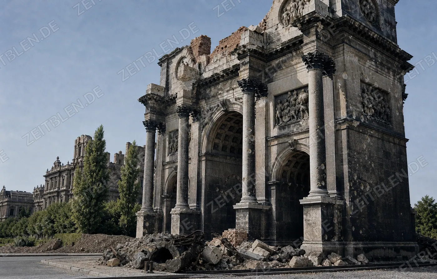 Nahansicht des zerstörten Siegestors in München