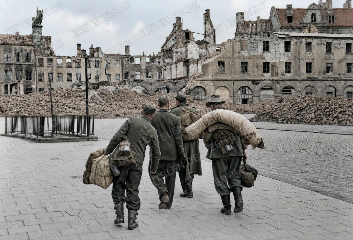 Heimkehrende Soldaten vor Münchner Trümmern