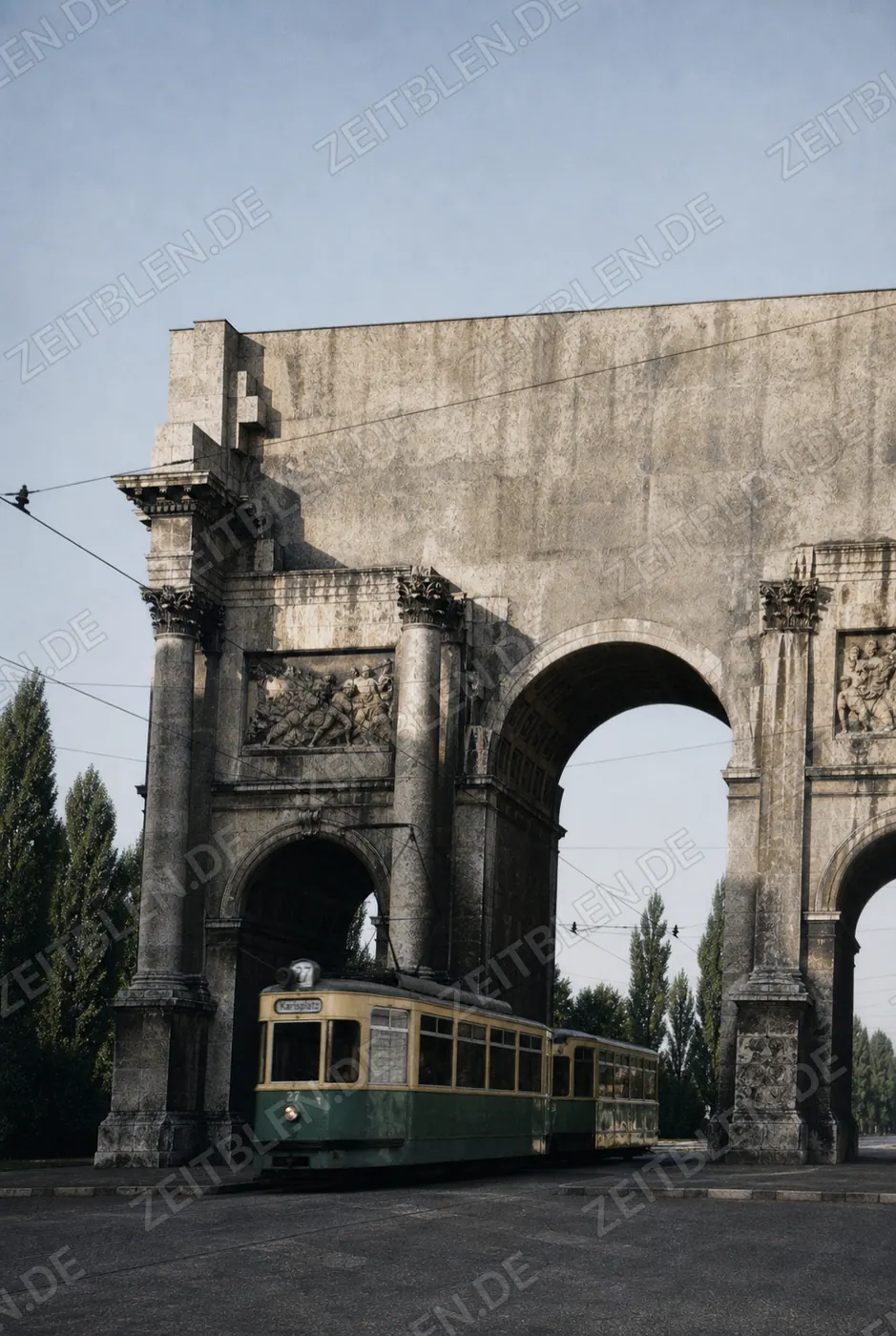 Trambahn vor dem beschädigten Siegestor in München
