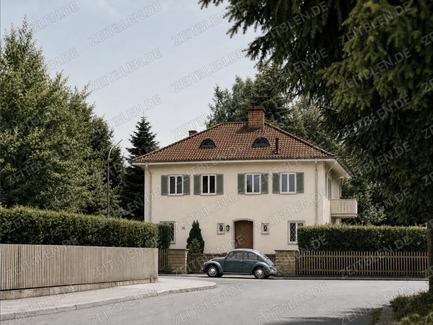 Stadtrandhaus mit Vorgarten und parkendem Auto