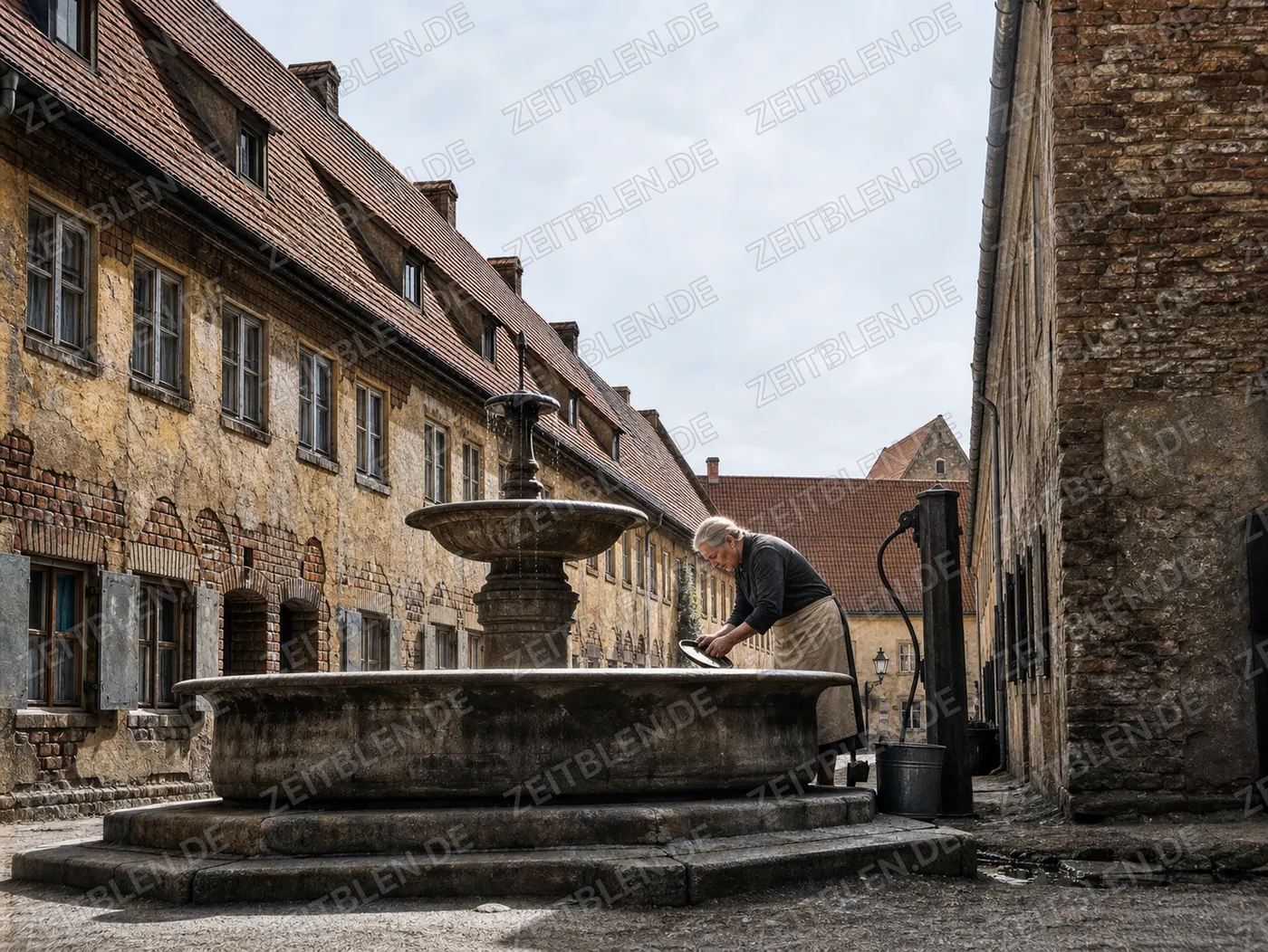 Frau an einem Brunnen in der Augsburger Altstadt