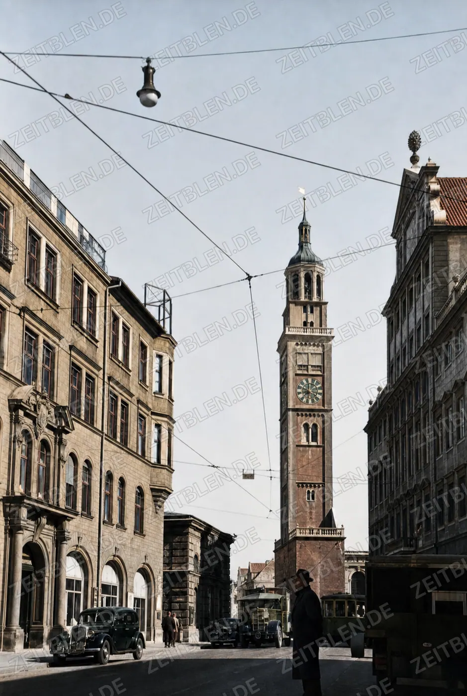 Blick zum Augsburger Perlachturm im Nachkriegsverkehr