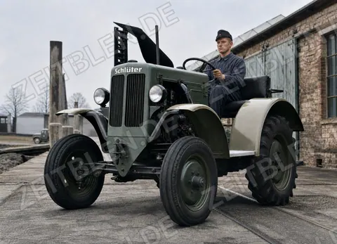 Schlüter-Traktor mit Fahrer auf dem Freisinger Werksgelände
