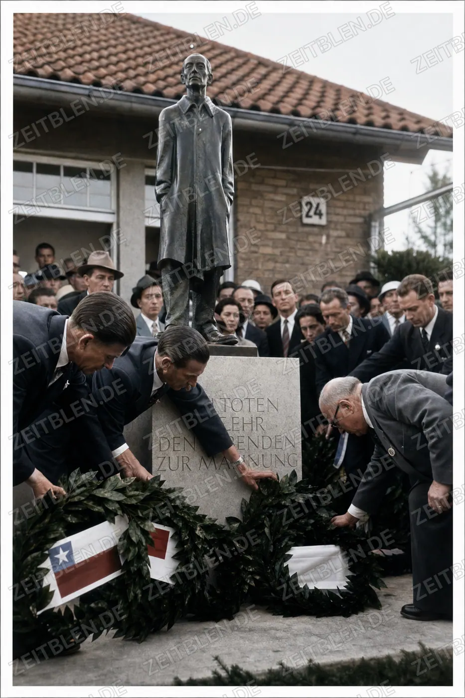 Kranzniederlegung am Denkmal für den unbekannten Häftling in Dachau, 30. April 1950