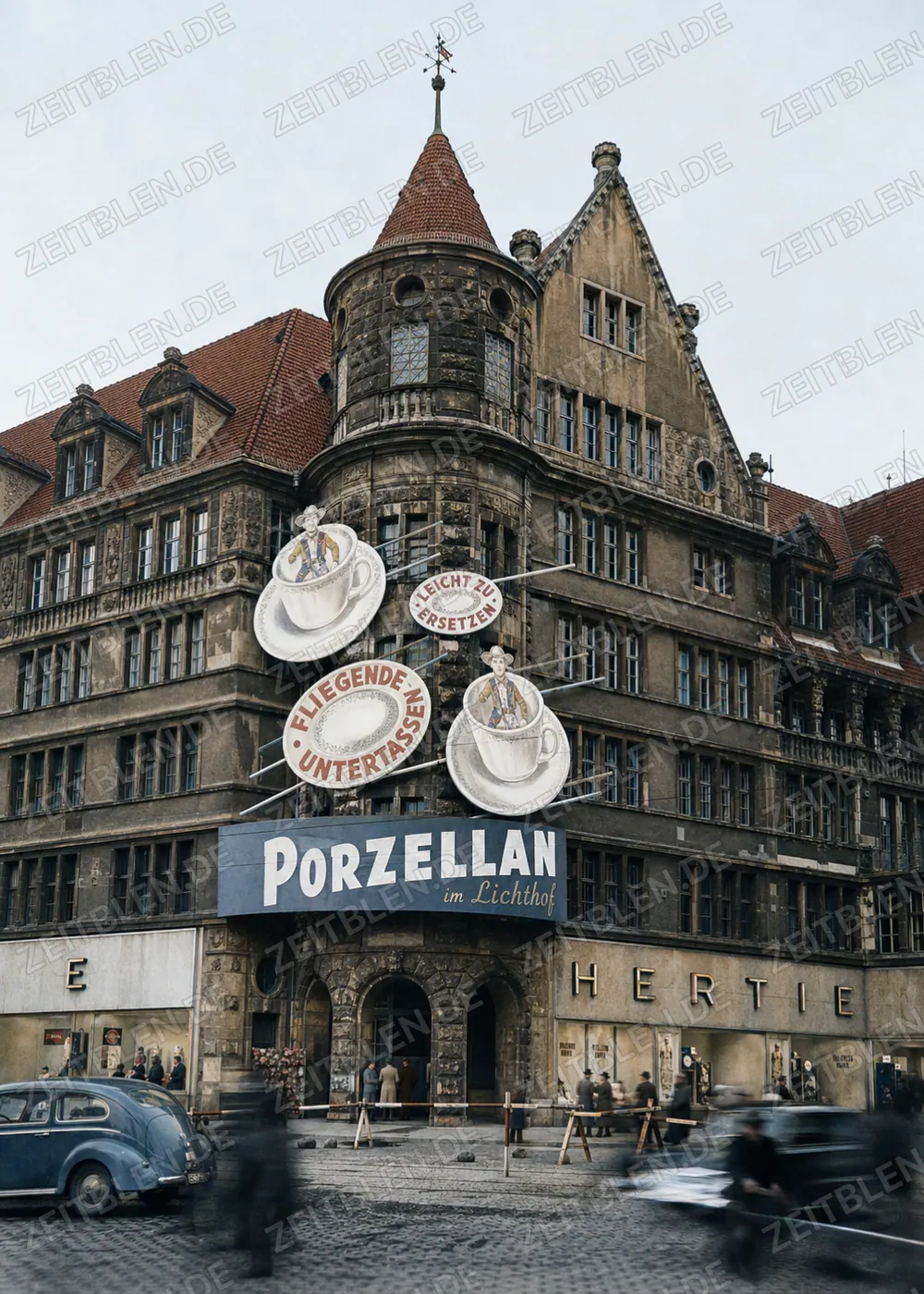 Werbeaktion mit „fliegenden Untertassen“ am Hertie-Kaufhaus, 25. April 1950