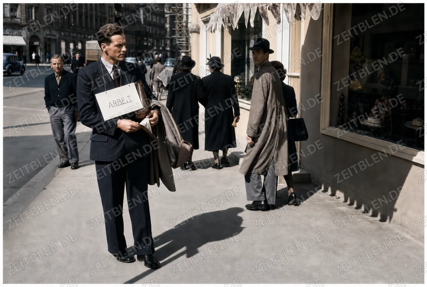 Junger Arbeitssuchender vor einem Schaufenster in München, April 1950