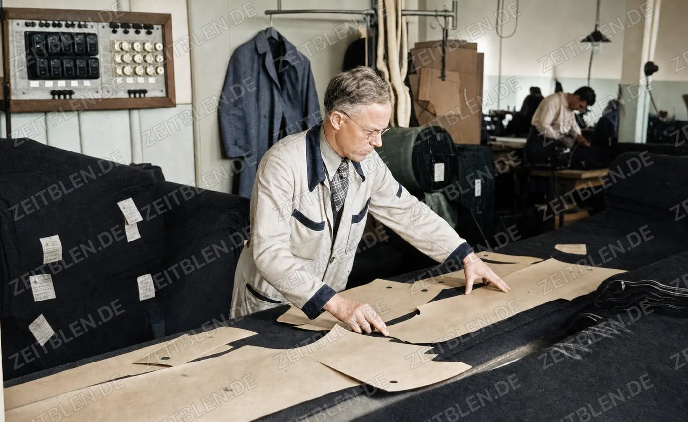 Zuschnitt in der Kleiderfabrik Louisoder