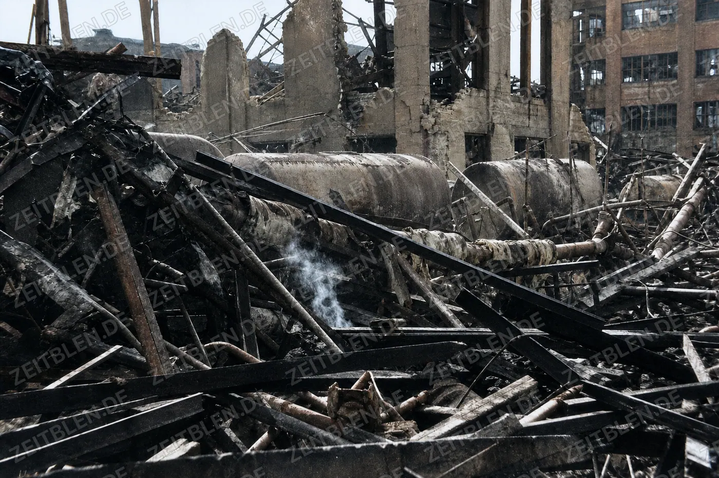 Zerstörte Tanks und Rohrleitungen nach der BASF-Explosion