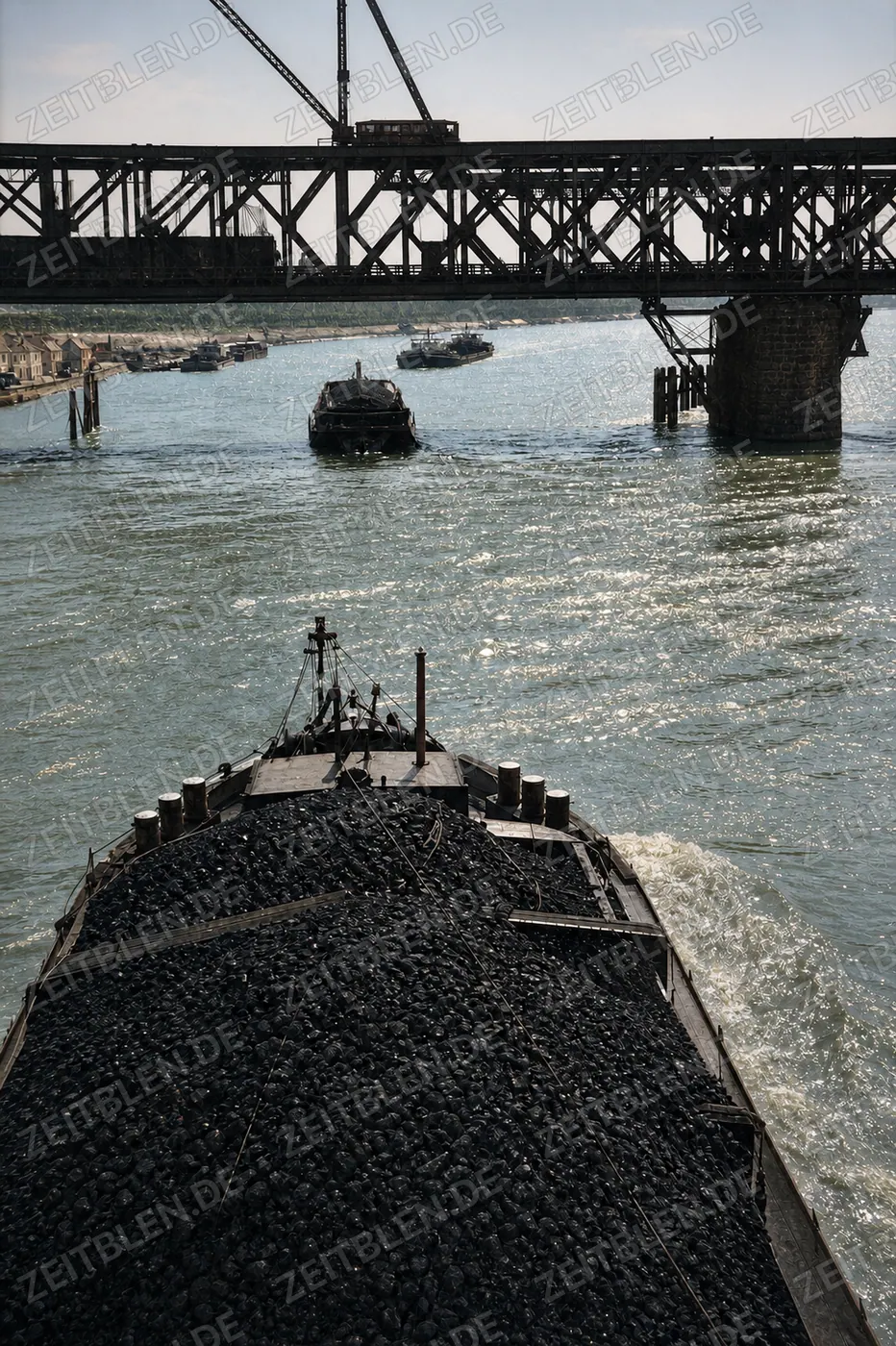 Kohleschiff auf dem Rhein im Sommer 1948