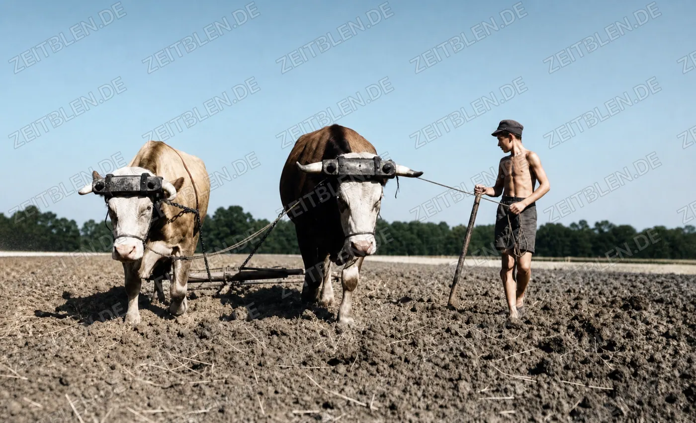 Pflügen mit Zugrindern an der Landwirtschaftsschule Schönbrunn