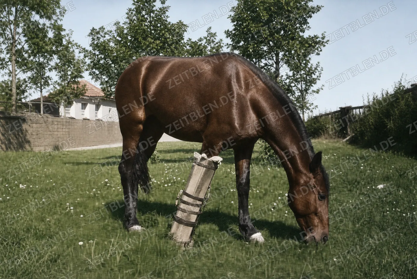 Pferd mit tierärztlicher Ausrüstung, 1947