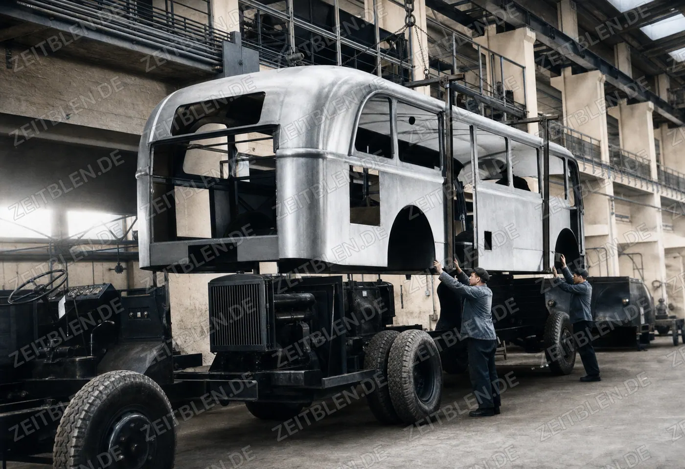 Montage einer Omnibuskarosserie auf dem Chassis