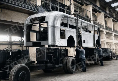 Montage einer Omnibuskarosserie auf dem Chassis