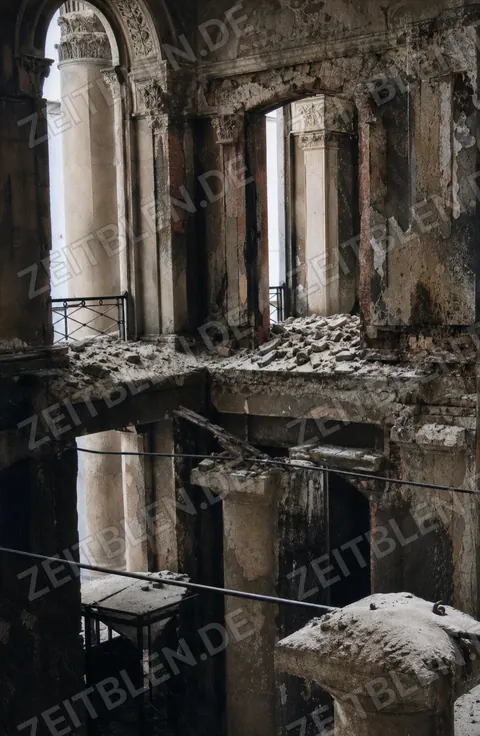 Beschädigte Architekturdetails einer Münchner Oper, Oktober 1946
