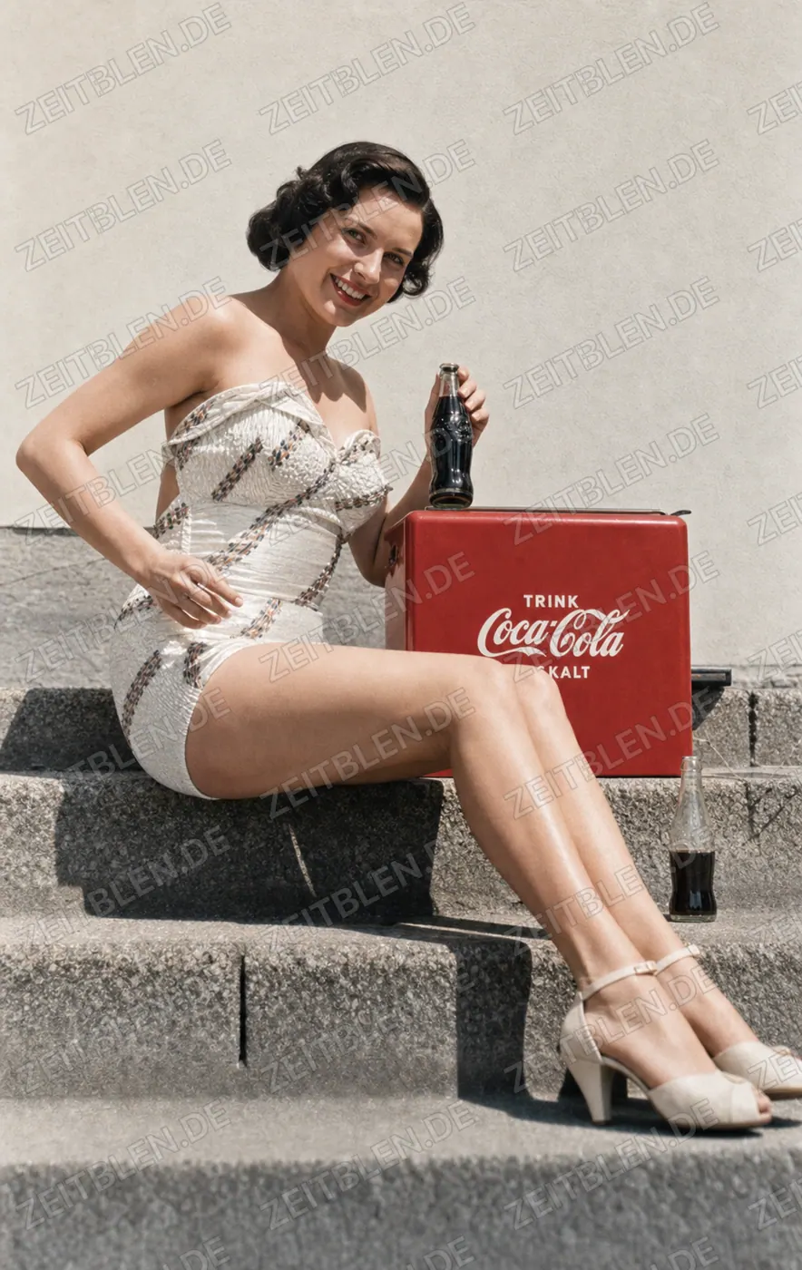 Sitzendes Werbemodell neben Coca-Cola-Eiskalt-Display