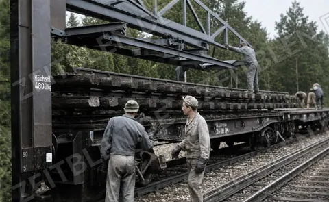 Arbeiter verlegen neue Schienen an einer Bahnstrecke