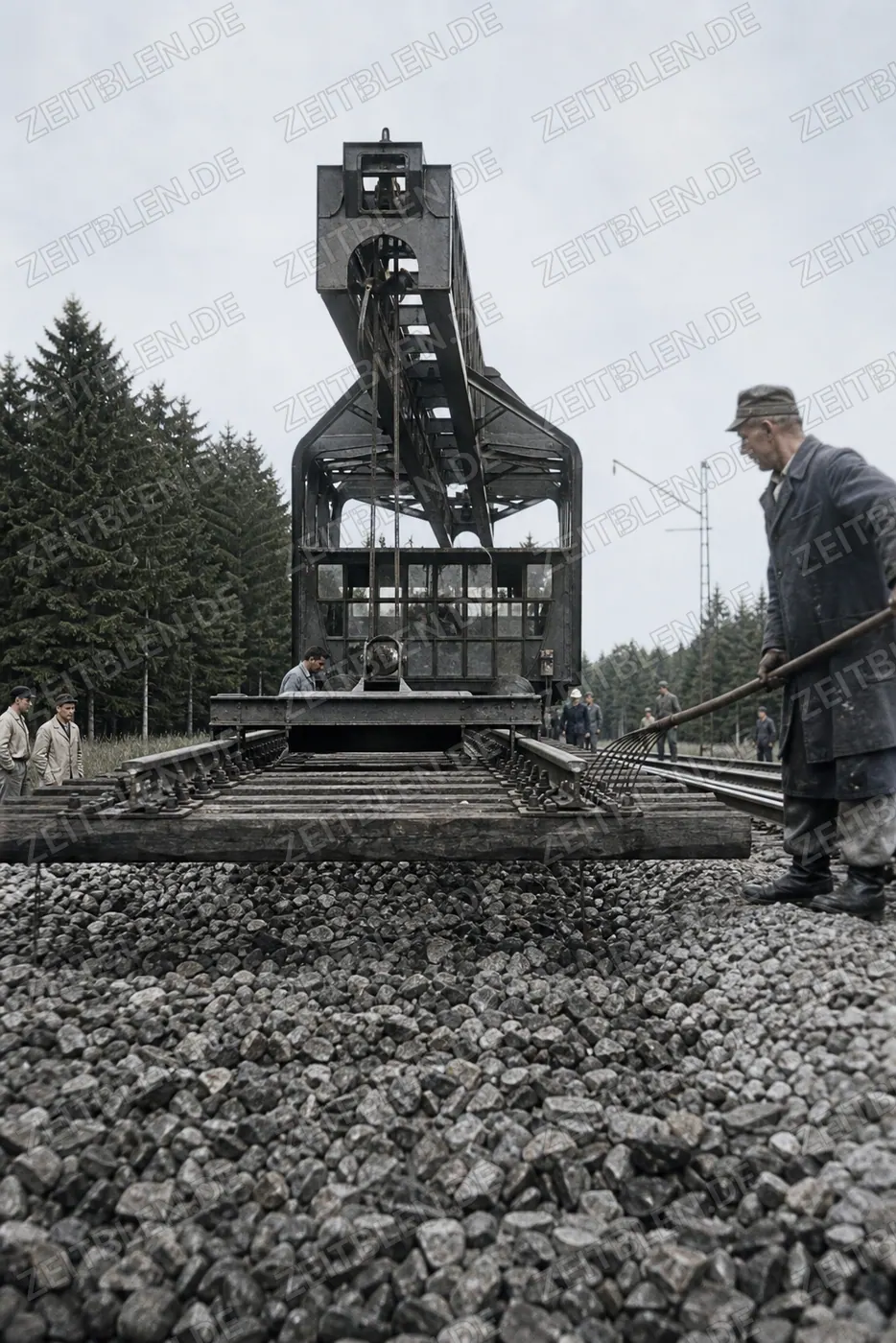 Gleisbaugerät und neue Schienen auf einer Bahnstrecke