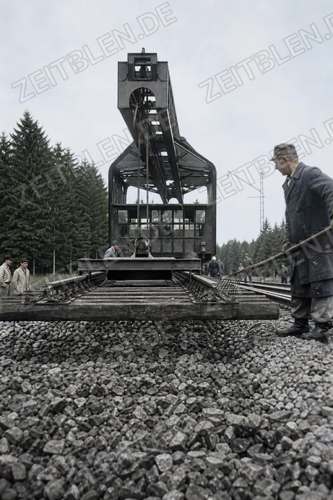 Gleisbaugerät und neue Schienen auf einer Bahnstrecke