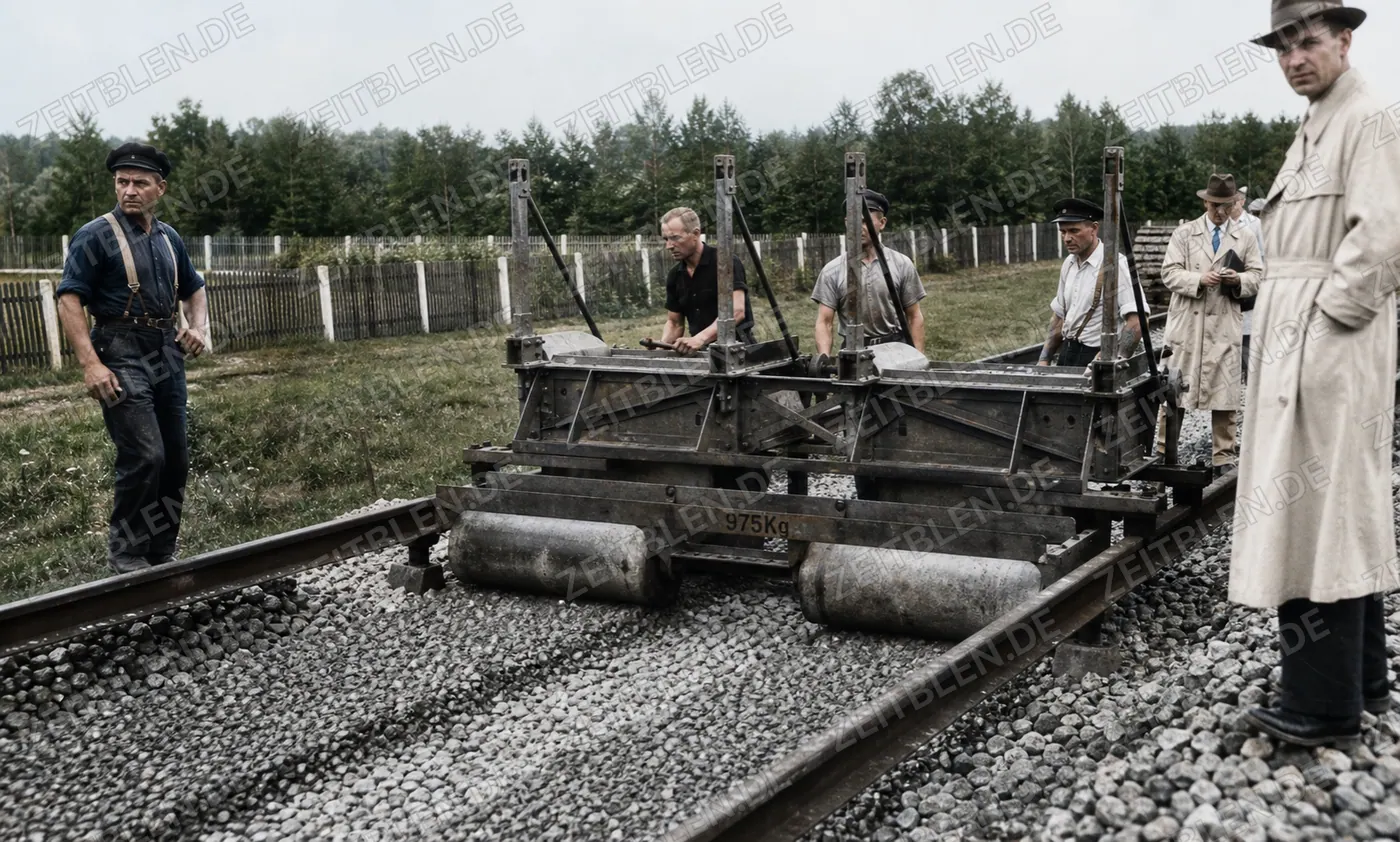 Gleisbaugerät über den Schienen bei einer Streckenerneuerung