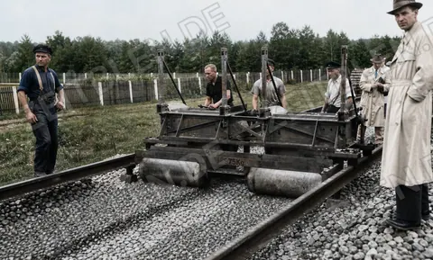 Gleisbaugerät über den Schienen bei einer Streckenerneuerung