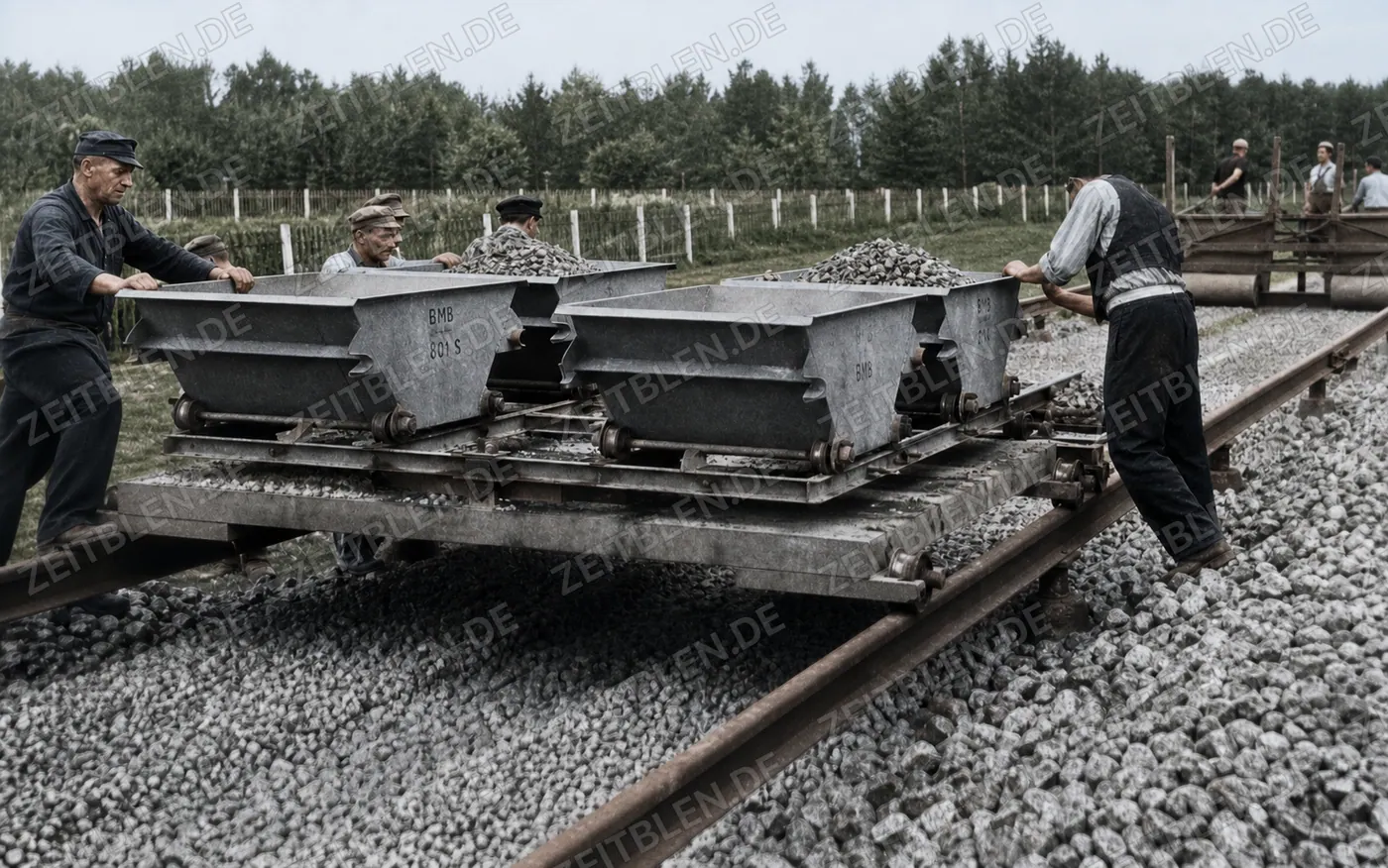 Schotterwagen beim Einschottern neu verlegter Gleise