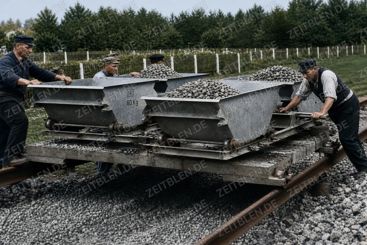 Bahnarbeiter an beladenen Schotterwagen im Gleis