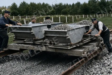 Bahnarbeiter an beladenen Schotterwagen im Gleis