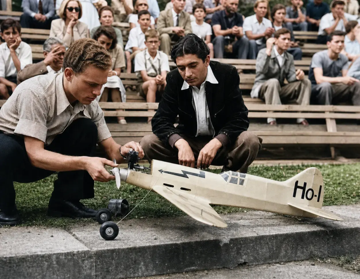 Modellflugzeug vor einem Motorenrennen im Sommer 1950