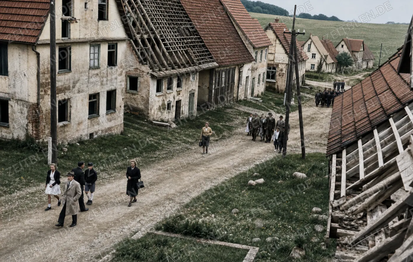 Besuchergruppen in der verlassenen Dorfstraße von Gruorn