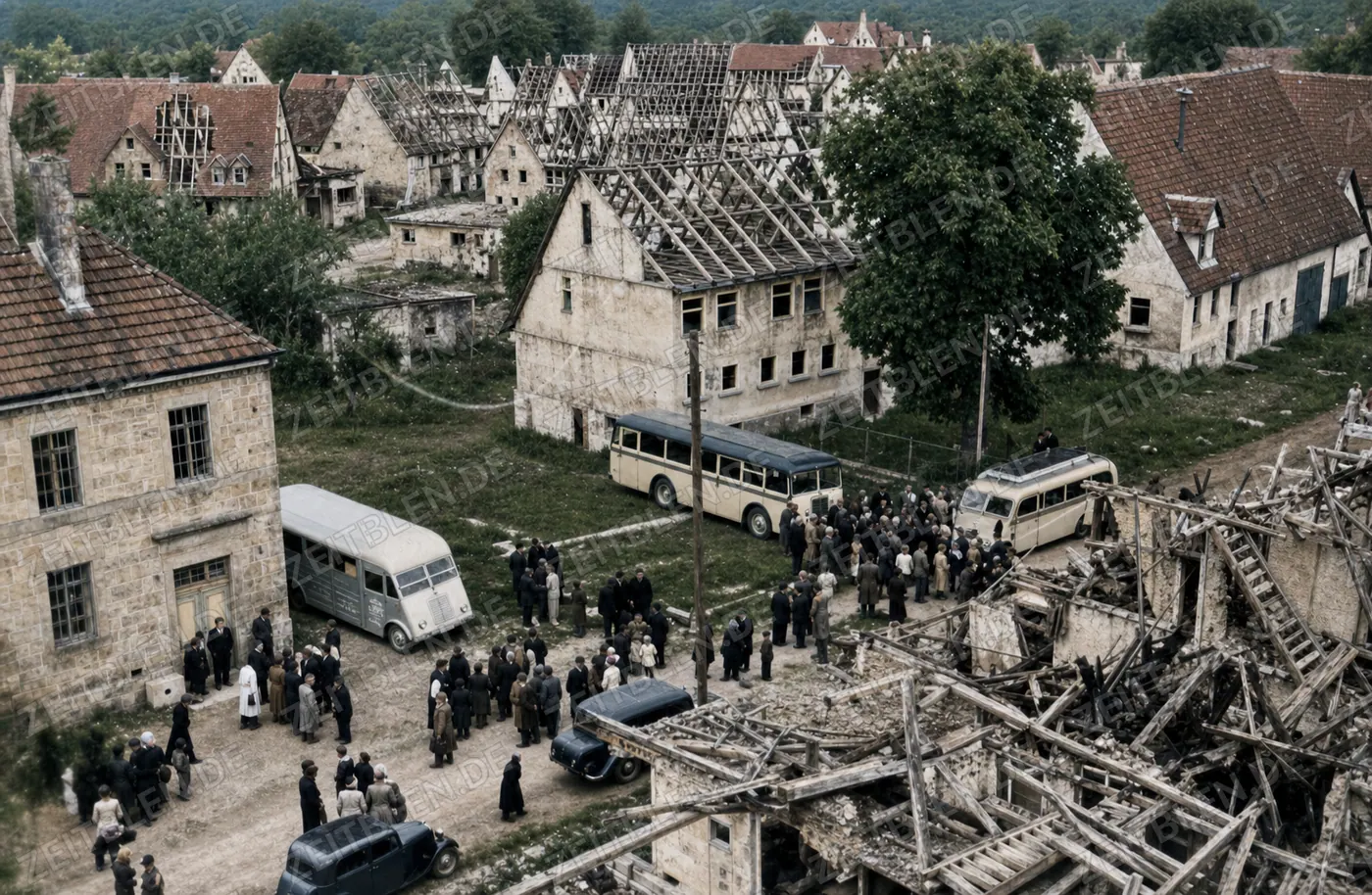Blick über das zerstörte Gruorn mit Besuchergruppen und Bussen