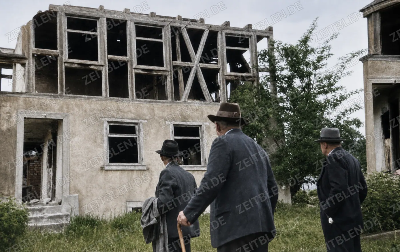 Besucher betrachten ein beschädigtes Haus in Gruorn