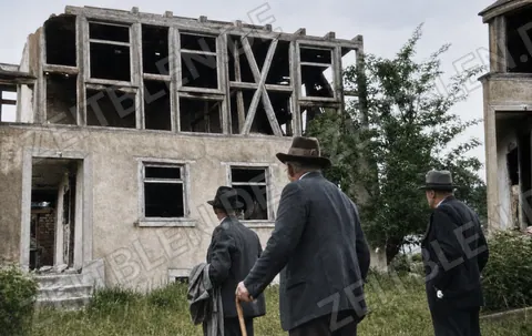 Besucher betrachten ein beschädigtes Haus in Gruorn