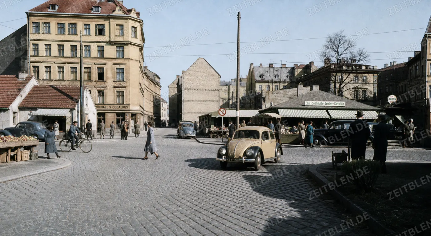Münchner Straßenverkehr auf Kopfsteinpflaster