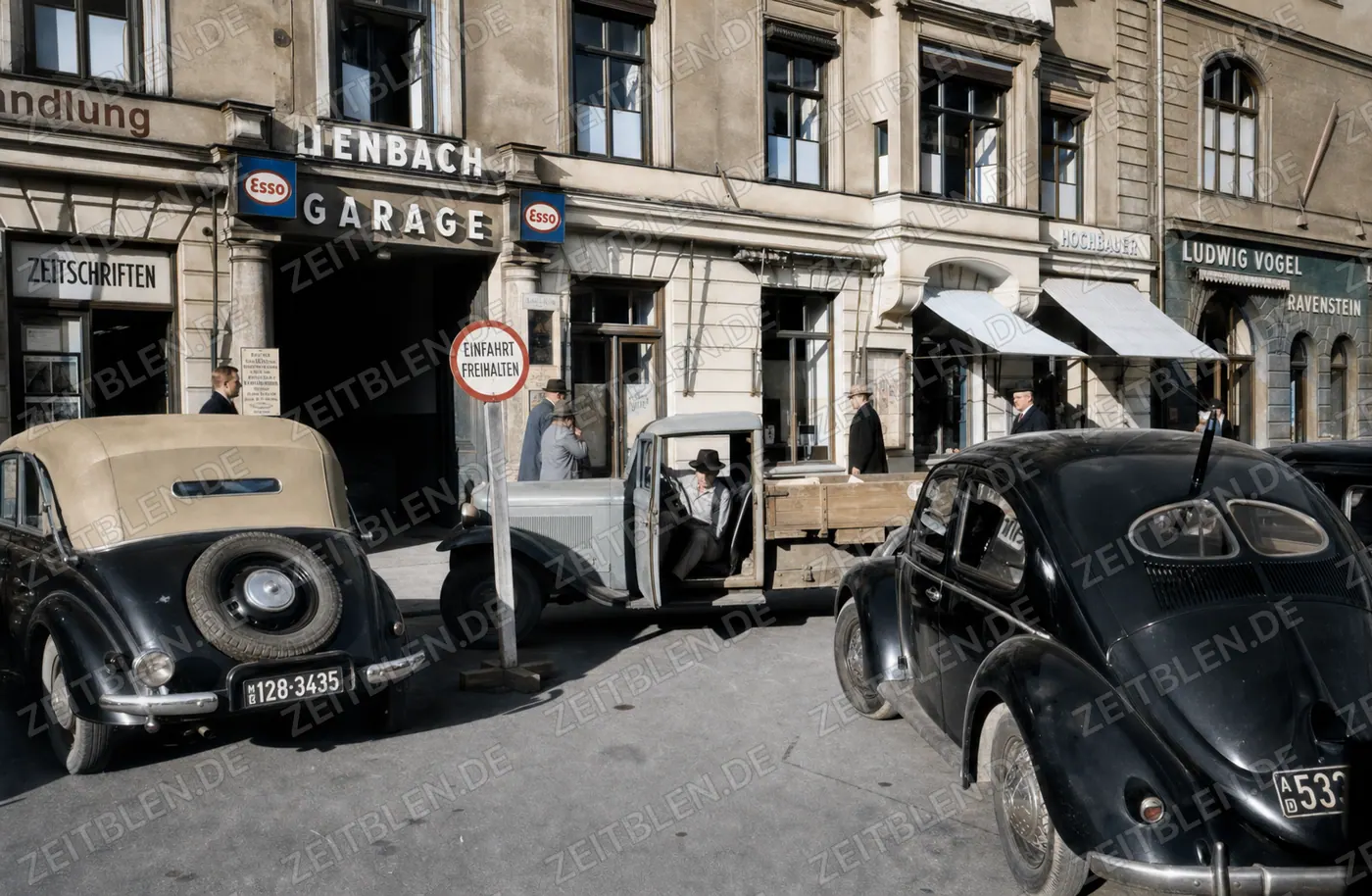 Garageneinfahrt und Autoverkehr vor der Leinbach-Garage