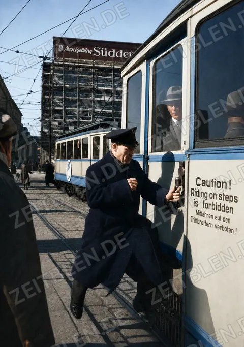 Fahrgast an der abfahrenden Münchner Straßenbahn