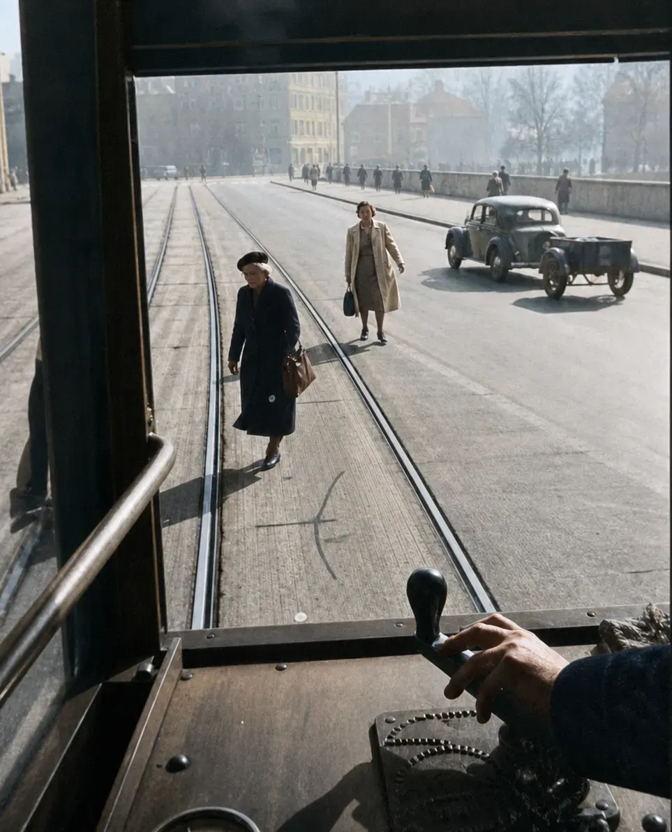 Blick vom Fahrerstand einer Münchner Straßenbahn