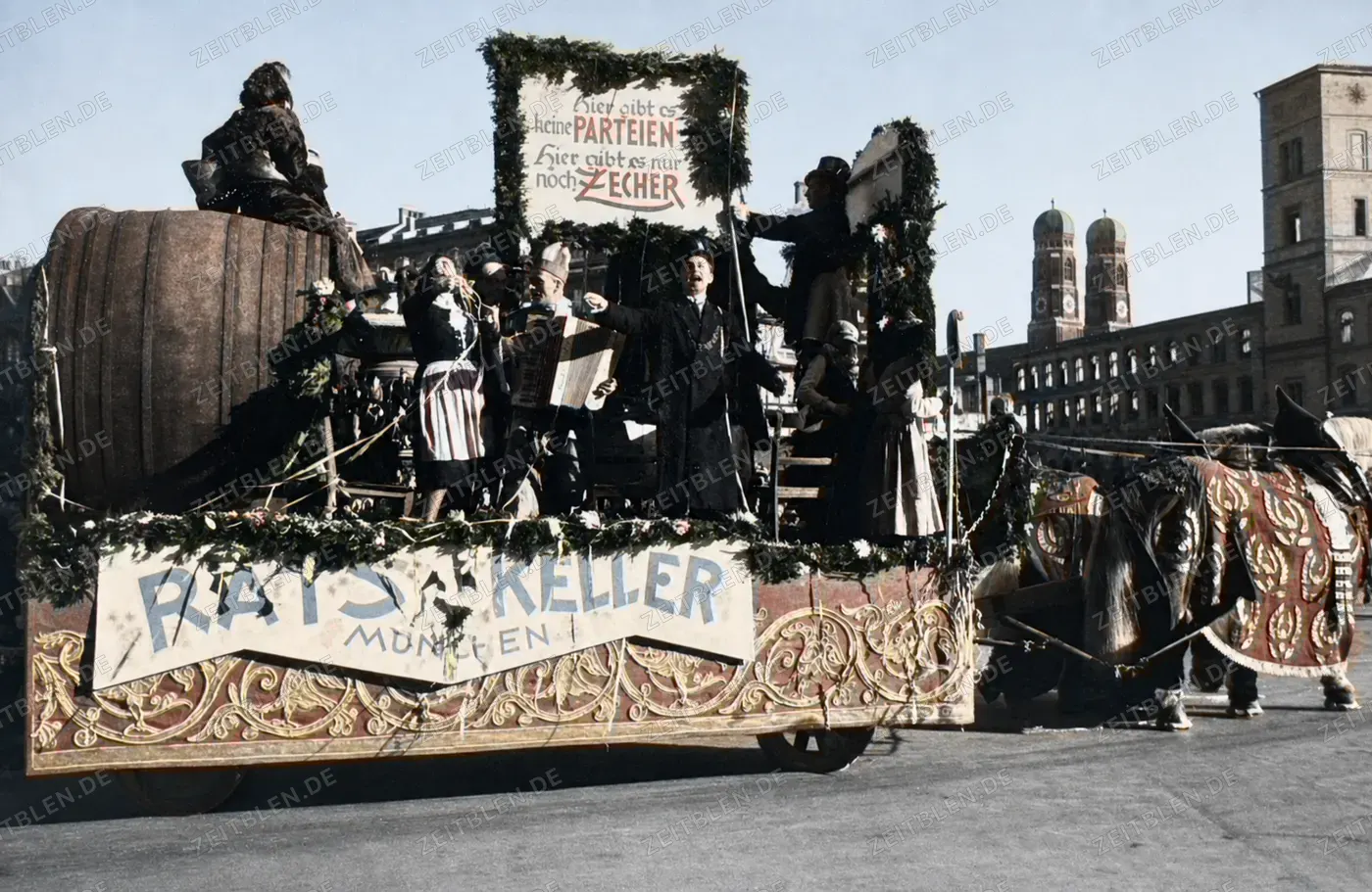 Pschorrkeller-Motivwagen mit Zecher-Spruch beim Fasching