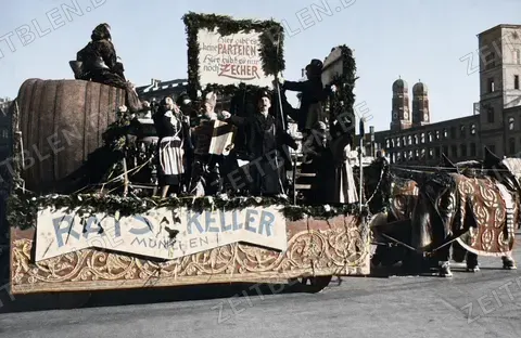 Pschorrkeller-Motivwagen mit Zecher-Spruch beim Fasching