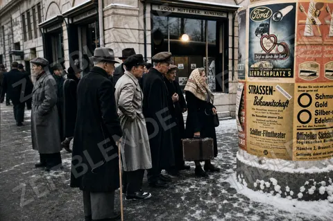 Passanten lesen Plakate an einer Litfaßsäule