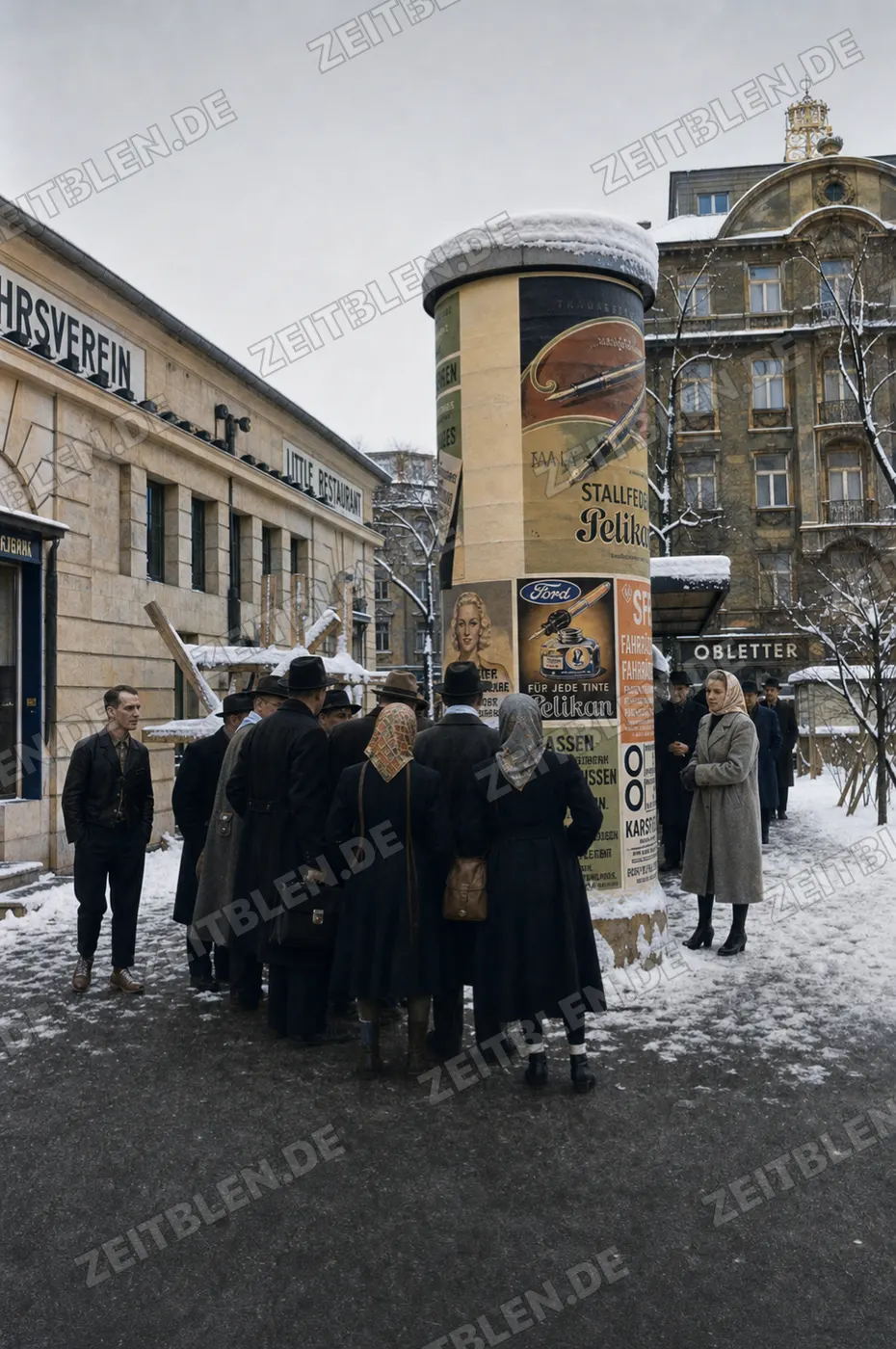 Menschen vor Plakaten an einer Litfaßsäule