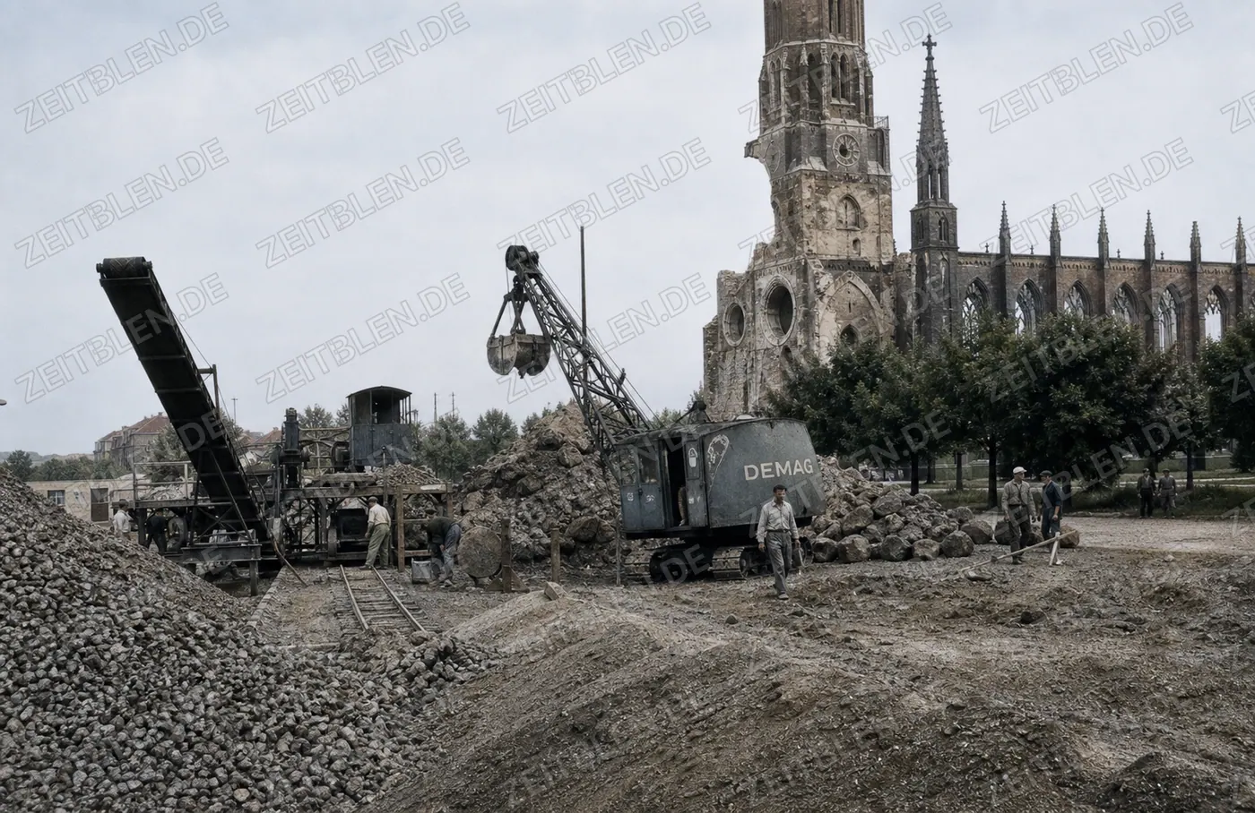 Wiederaufbau-Baustelle am Mariahilfplatz mit DEMAG-Kran