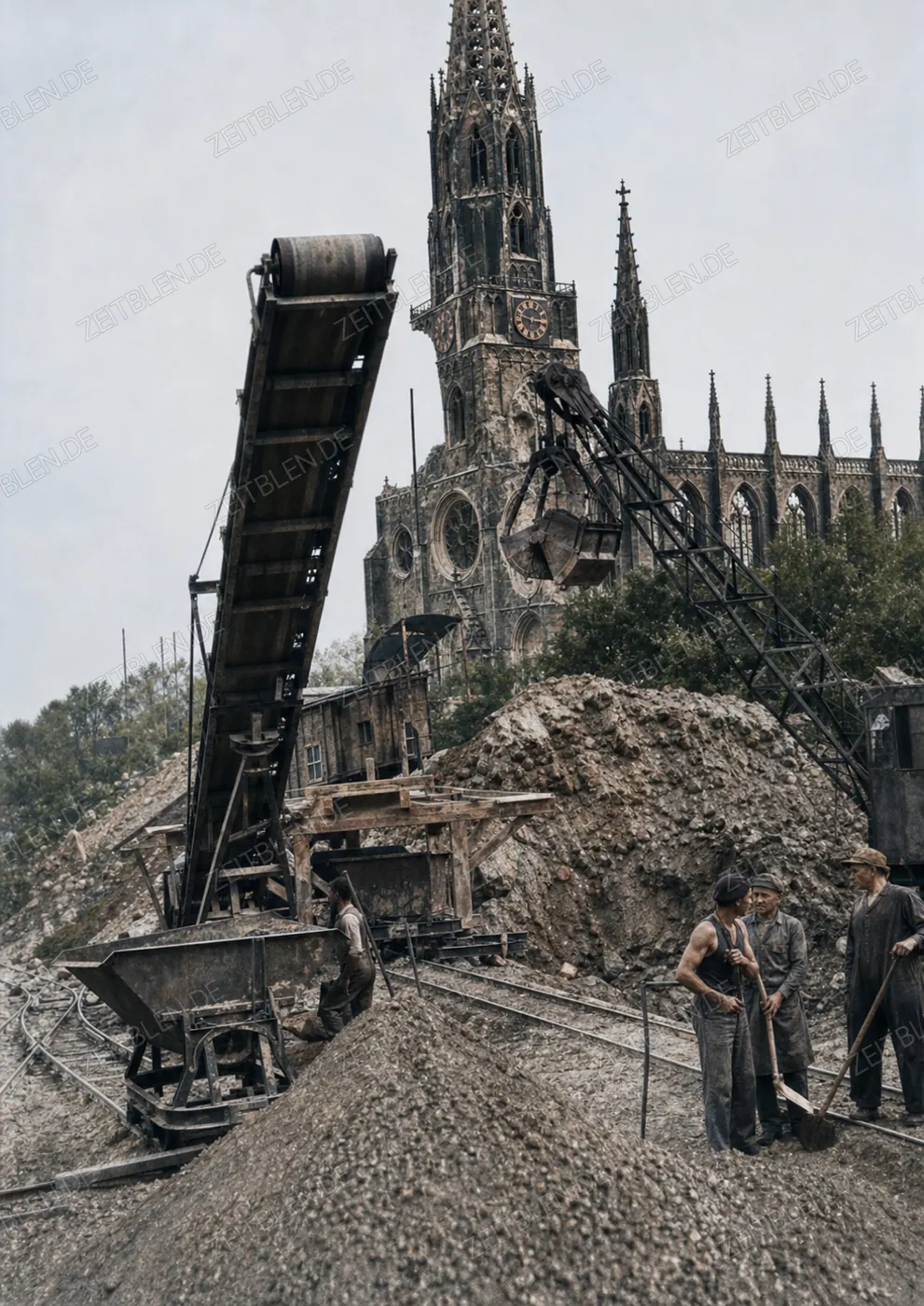 Förderanlage auf der Wiederaufbau-Baustelle am Mariahilfplatz