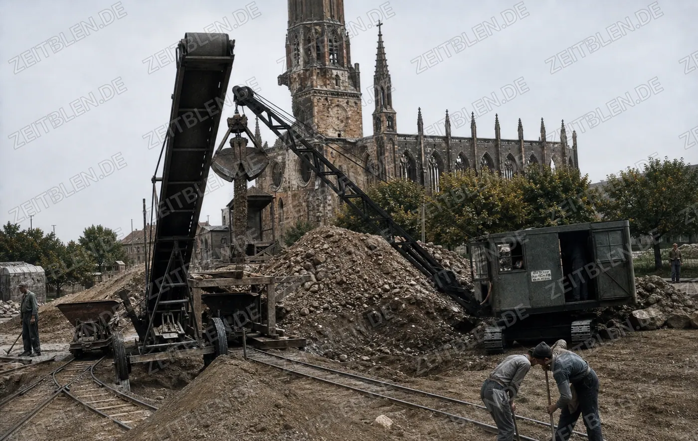 Baumaschine und Arbeiter vor der Maria-Hilf-Kirche am Mariahilfplatz