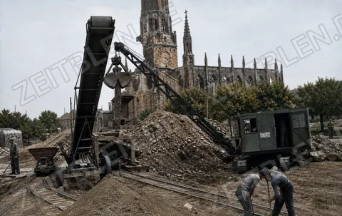 Baumaschine und Arbeiter vor der Maria-Hilf-Kirche am Mariahilfplatz