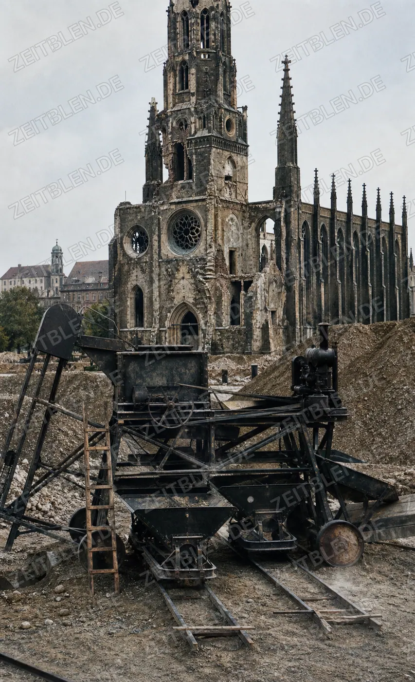 Schüttbauweise-Gerät vor der beschädigten Maria-Hilf-Kirche