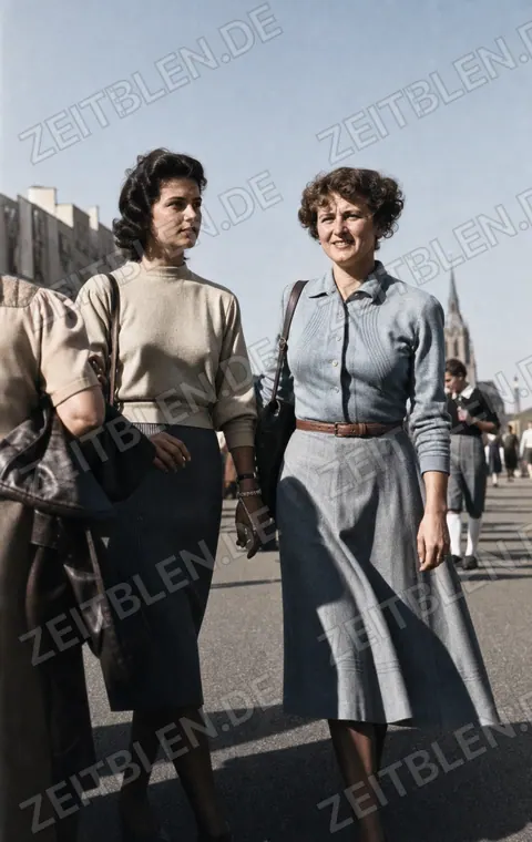 Besucherinnen auf der Wiesn beim Oktoberfest 1949